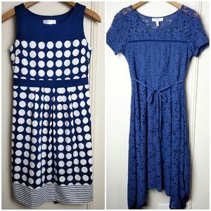 Maternity Bundle 2 Dresses Midi Length Blue Lace and Polka dot SZ Small